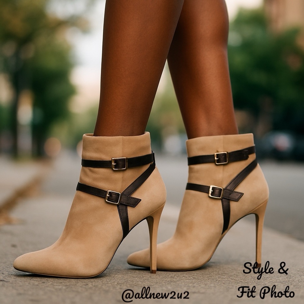 Ann Taylor Suede Soft Beige Leather Strap Ankle booties Spike Heel 9.5